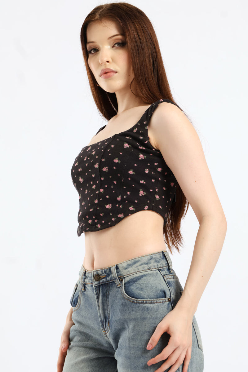 Cropped Knit Tank Top - Black