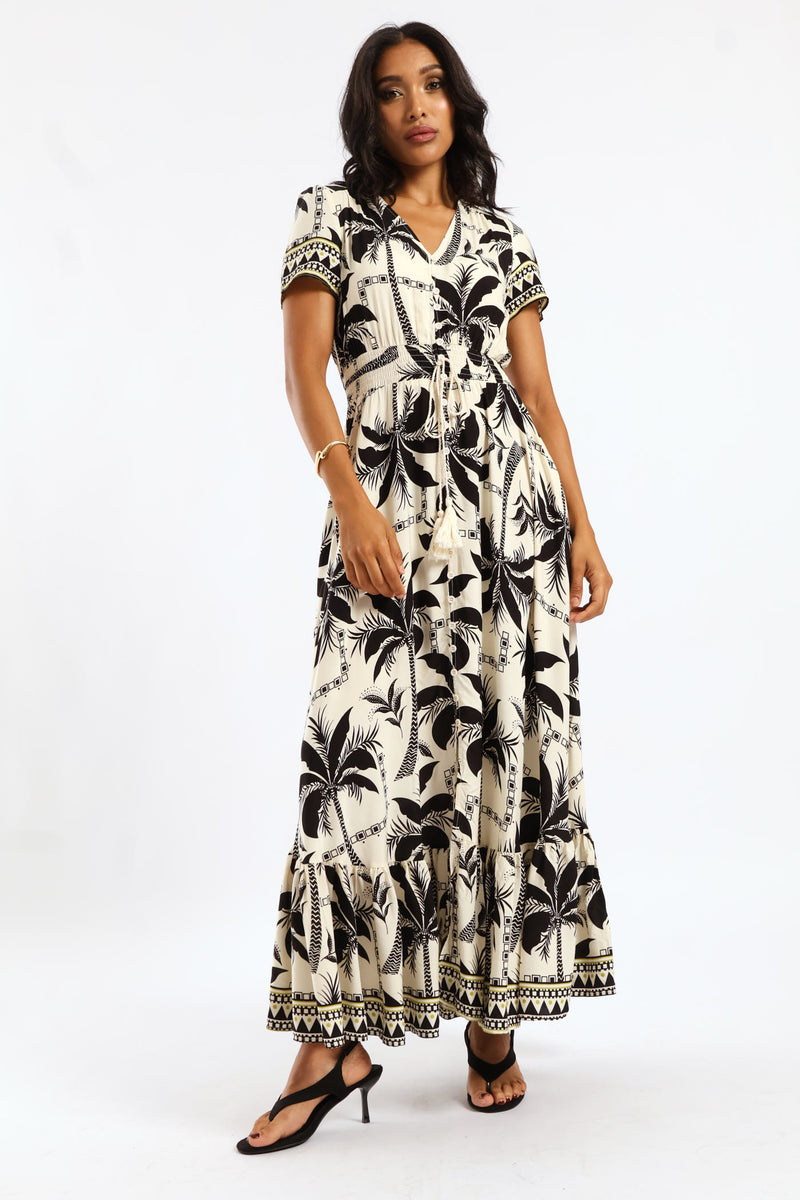V-Neck Flutter Sleeve Button Through Maxi Dress - Black