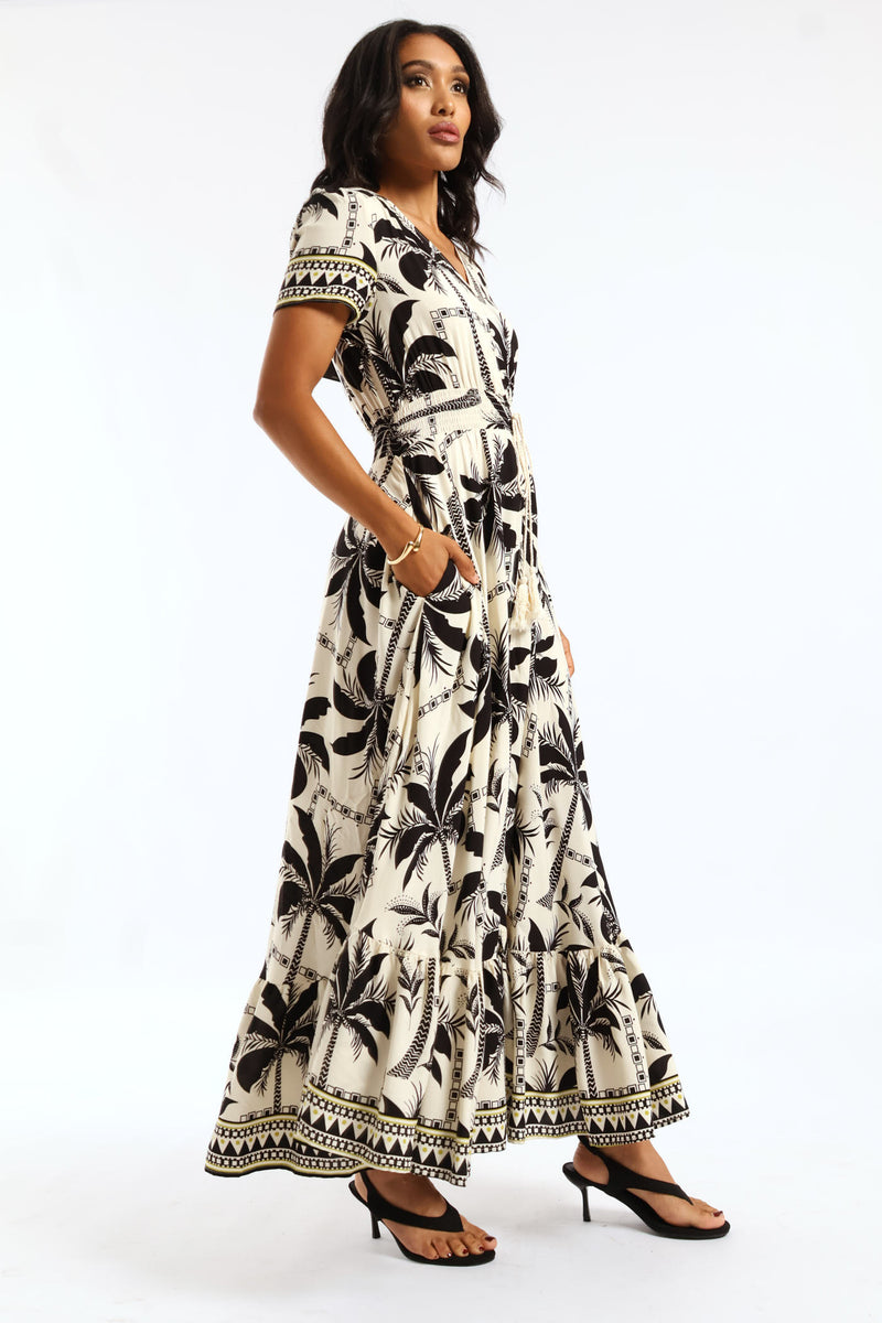 V-Neck Flutter Sleeve Button Through Maxi Dress - Black