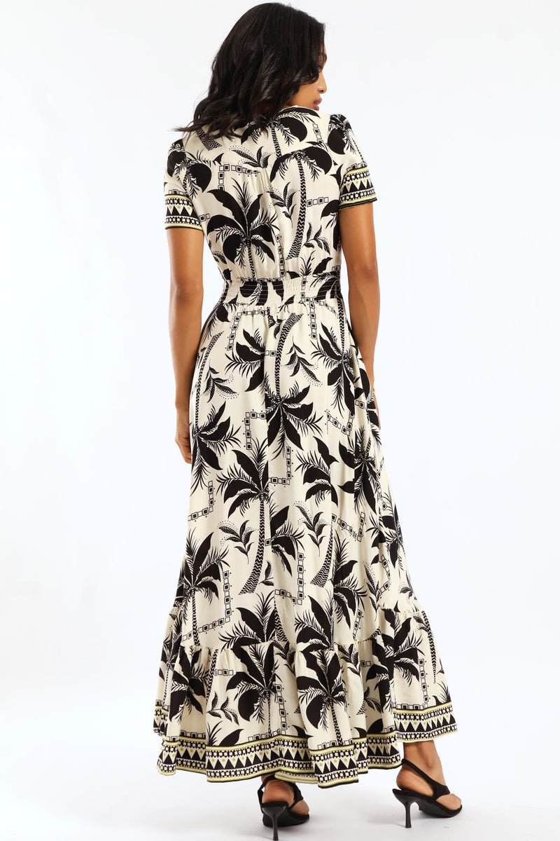 V-Neck Flutter Sleeve Button Through Maxi Dress - Black