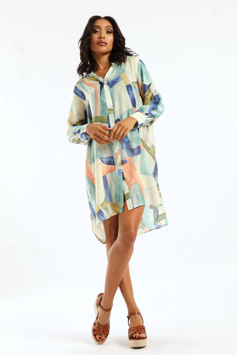 Half Sleeve Button Through Sheer Shirt Dress - Multi