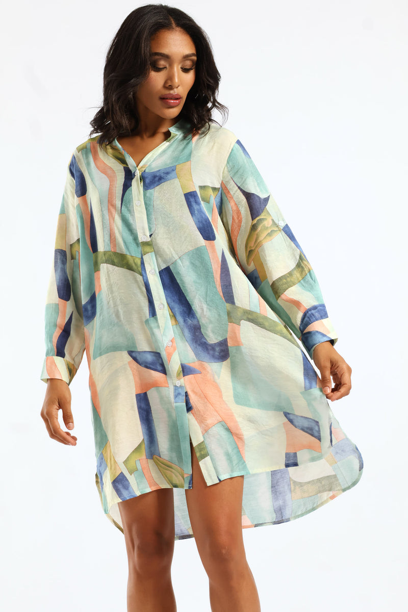 Half Sleeve Button Through Sheer Shirt Dress - Multi