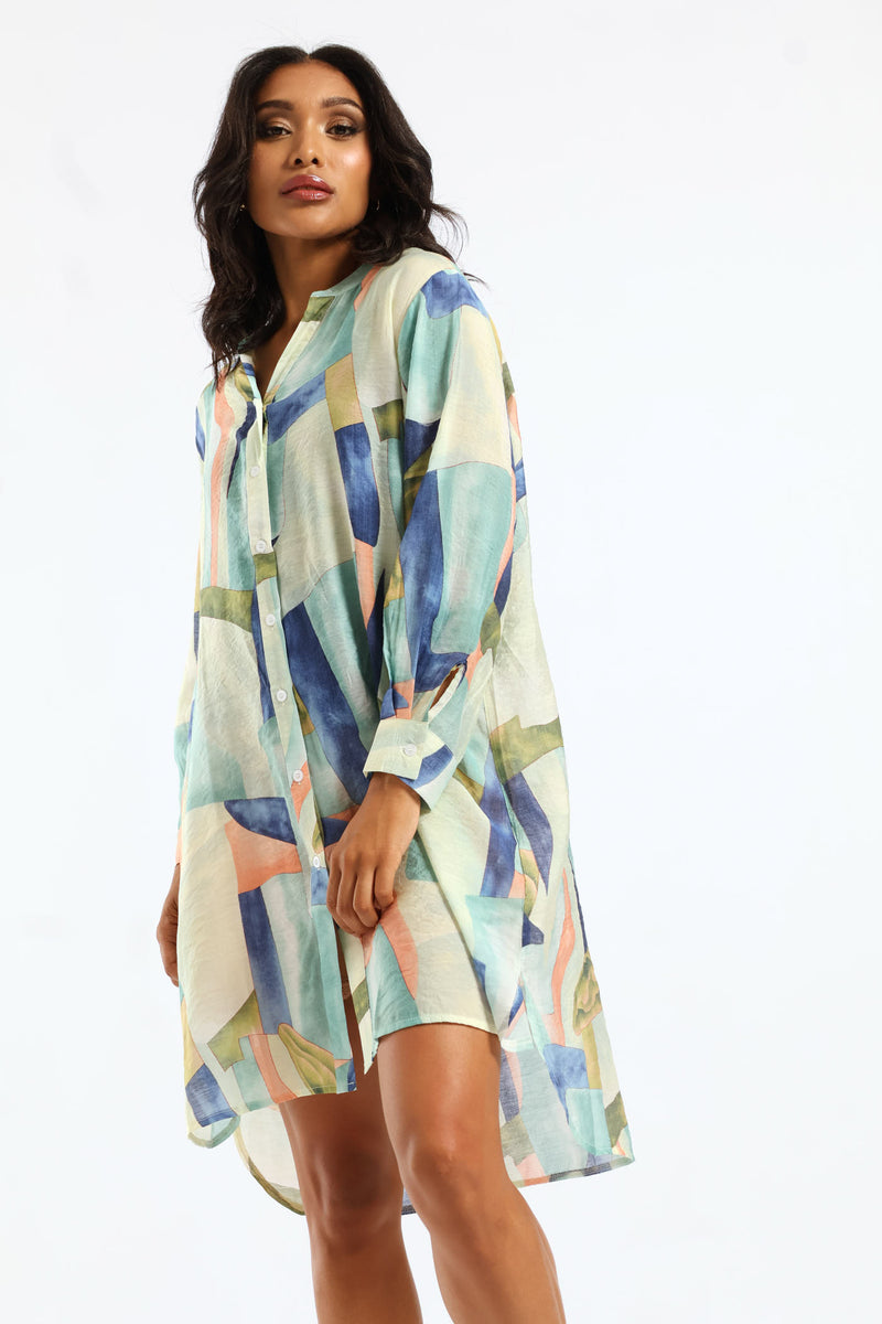 Half Sleeve Button Through Sheer Shirt Dress - Multi