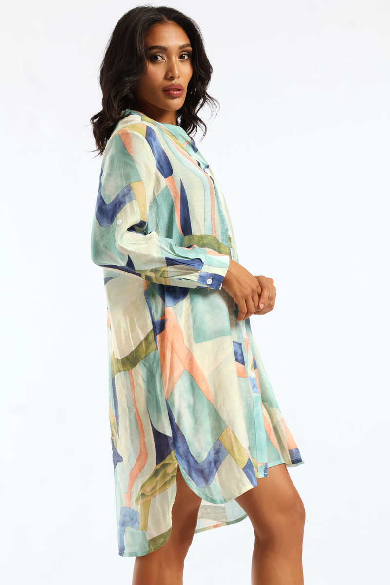 Half Sleeve Button Through Sheer Shirt Dress - Multi