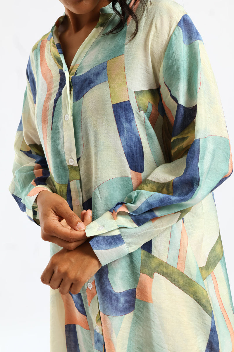 Half Sleeve Button Through Sheer Shirt Dress - Multi