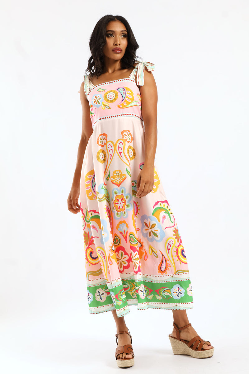 Floral Paisley Print Strappy Tie Boobtube Maxi Dress - Multi