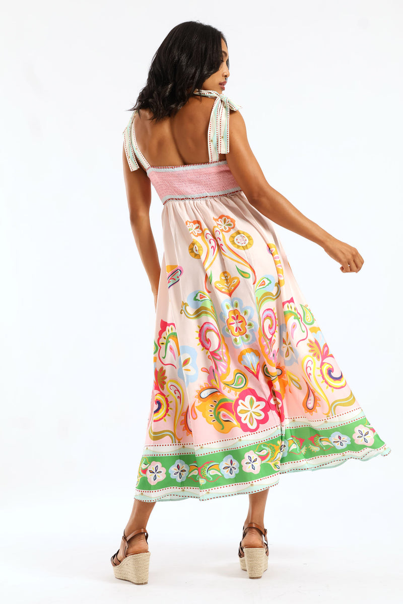 Floral Paisley Print Strappy Tie Boobtube Maxi Dress - Multi