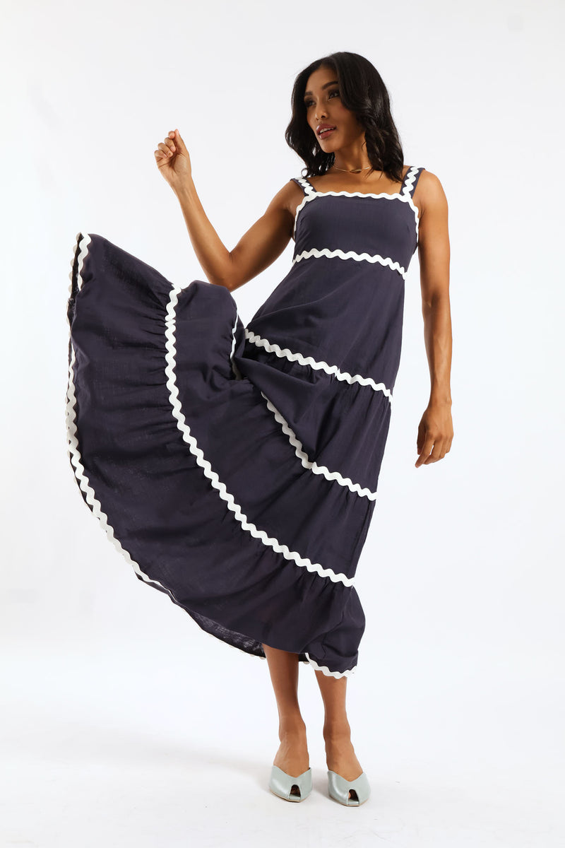 Zig Zag Trim Strappy Boobtube Maxi Dress - Navy