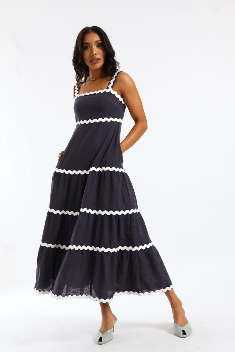 Zig Zag Trim Strappy Boobtube Maxi Dress - Navy