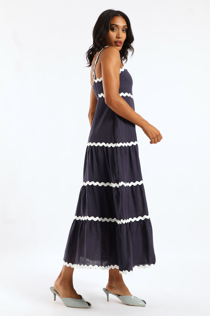 Zig Zag Trim Strappy Boobtube Maxi Dress - Navy