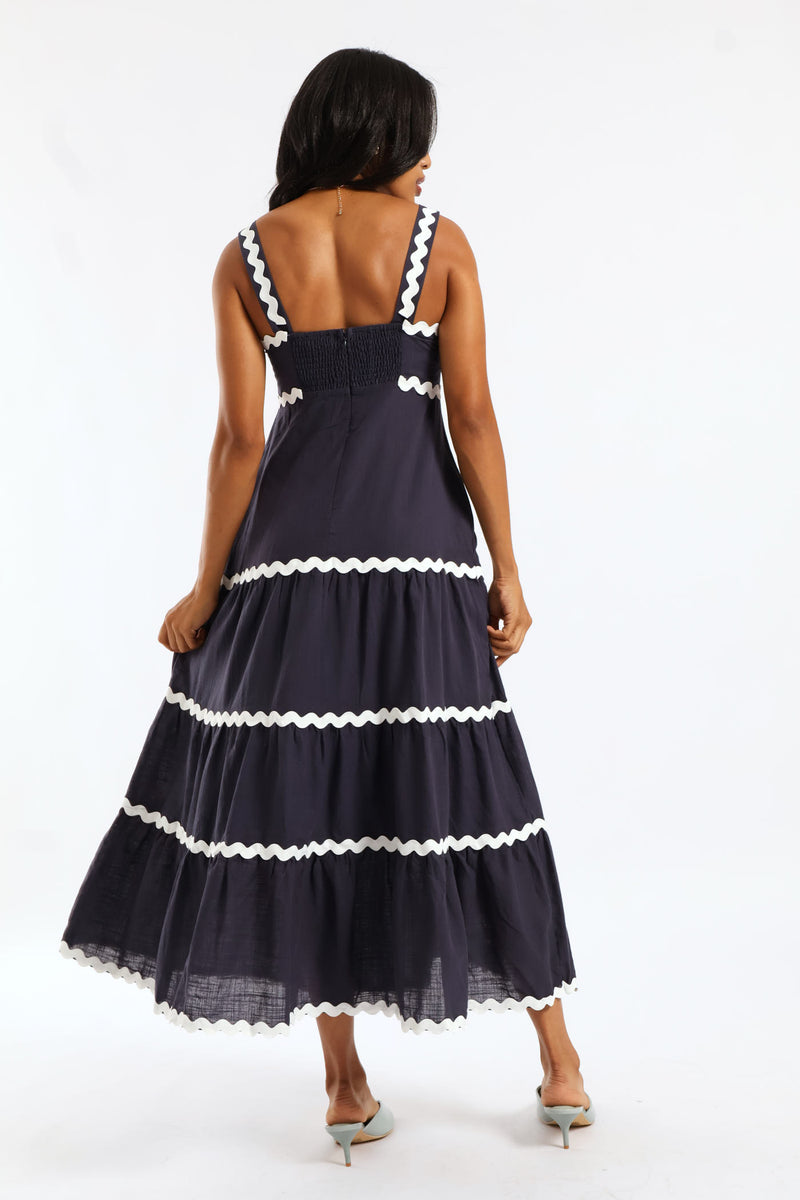 Zig Zag Trim Strappy Boobtube Maxi Dress - Navy