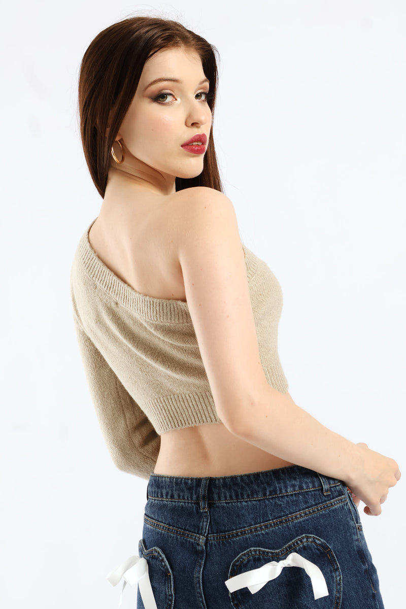 One Shoulder Cropped Sweater - Oatmeal