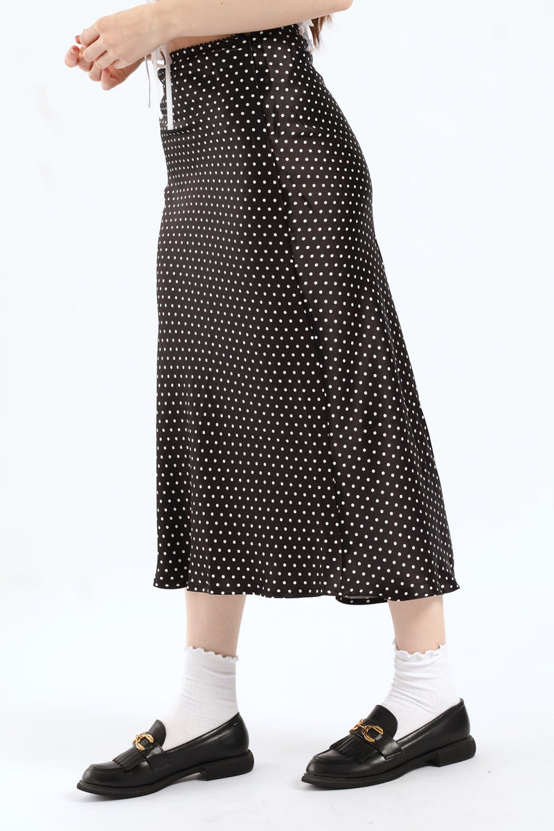 Flared Polka Dot Midi Skirt - Black