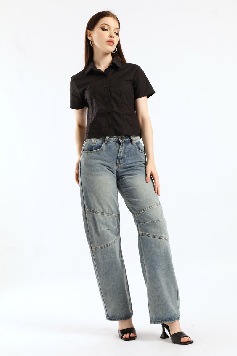 Short Sleeve Woven Button Down Shirt - Black