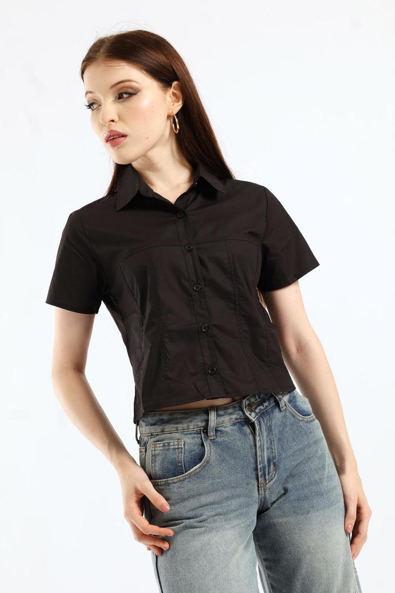 Short Sleeve Woven Button Down Shirt - Black