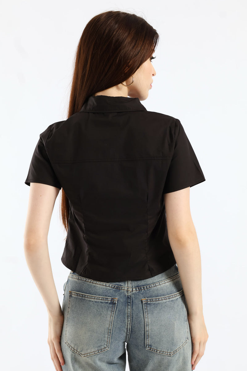 Short Sleeve Woven Button Down Shirt - Black