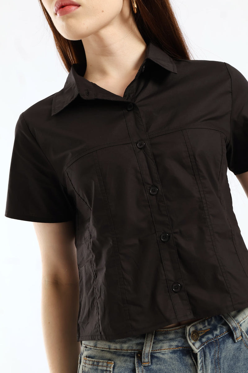 Short Sleeve Woven Button Down Shirt - Black