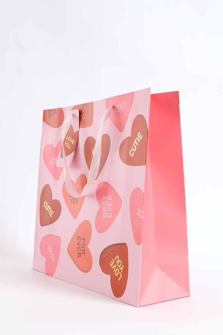 Love you Heart Print Gift Bag Large - Pink