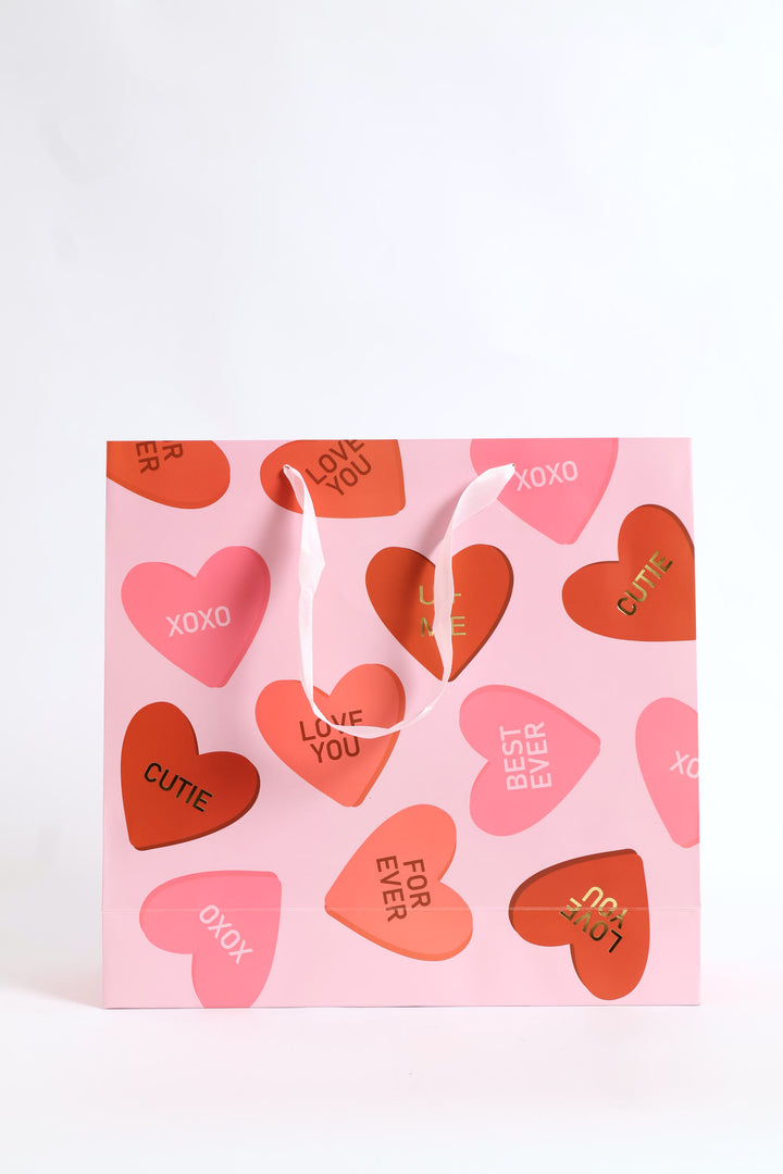 Love you Heart Print Gift Bag Large - Pink