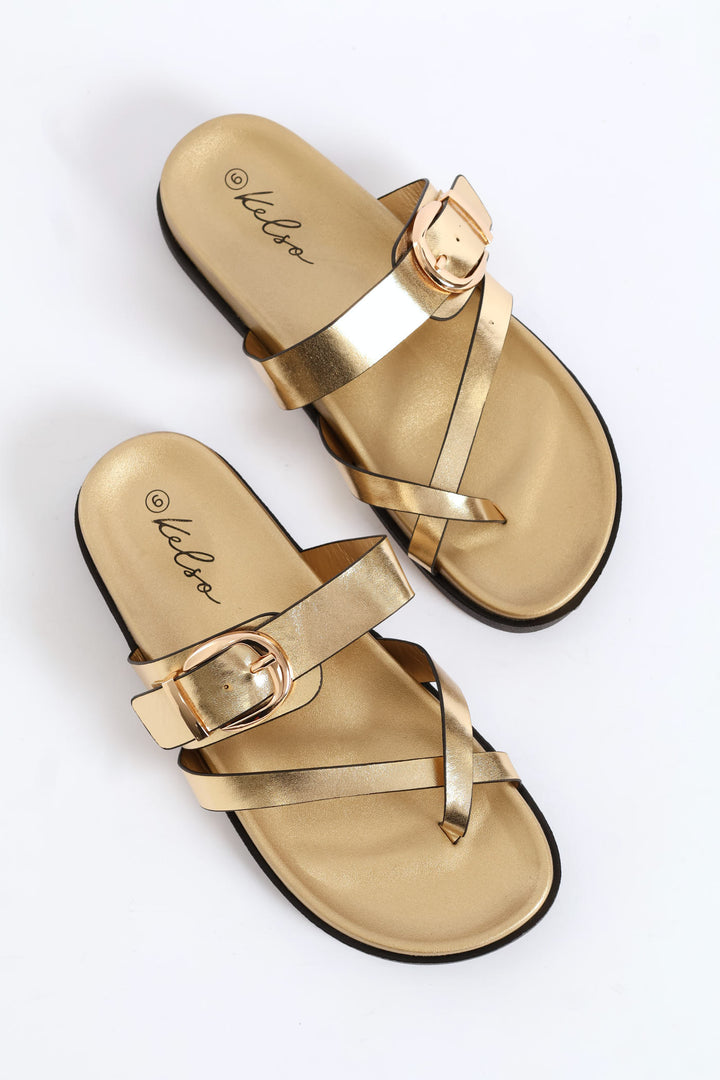 Buckle Detail Toe Post Comfort Sandal - Gold