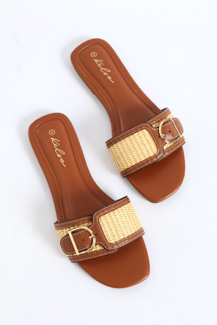 Buckle Detail Single Band Raffia Upper Sandal - Tan