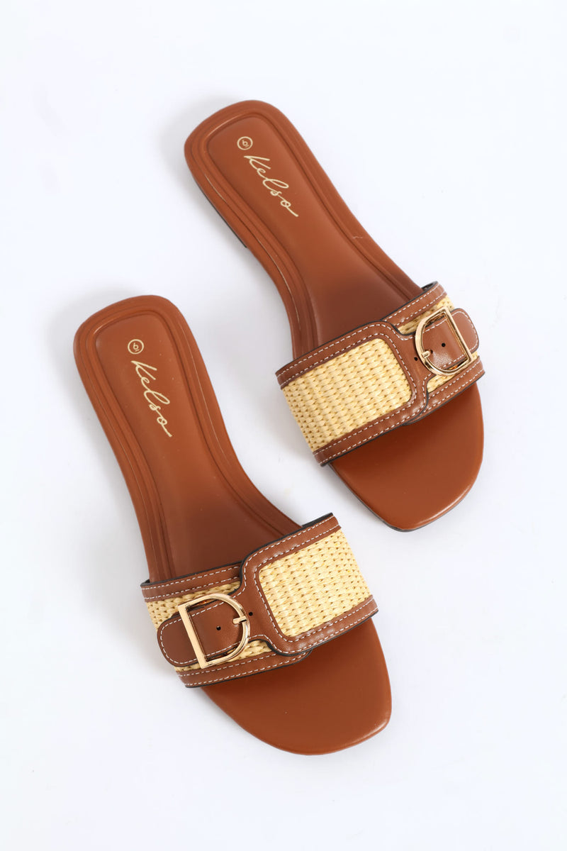 Buckle Detail Single Band Raffia Upper Sandal - Tan