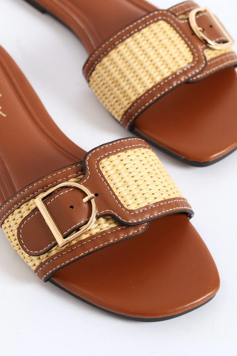 Buckle Detail Single Band Raffia Upper Sandal - Tan