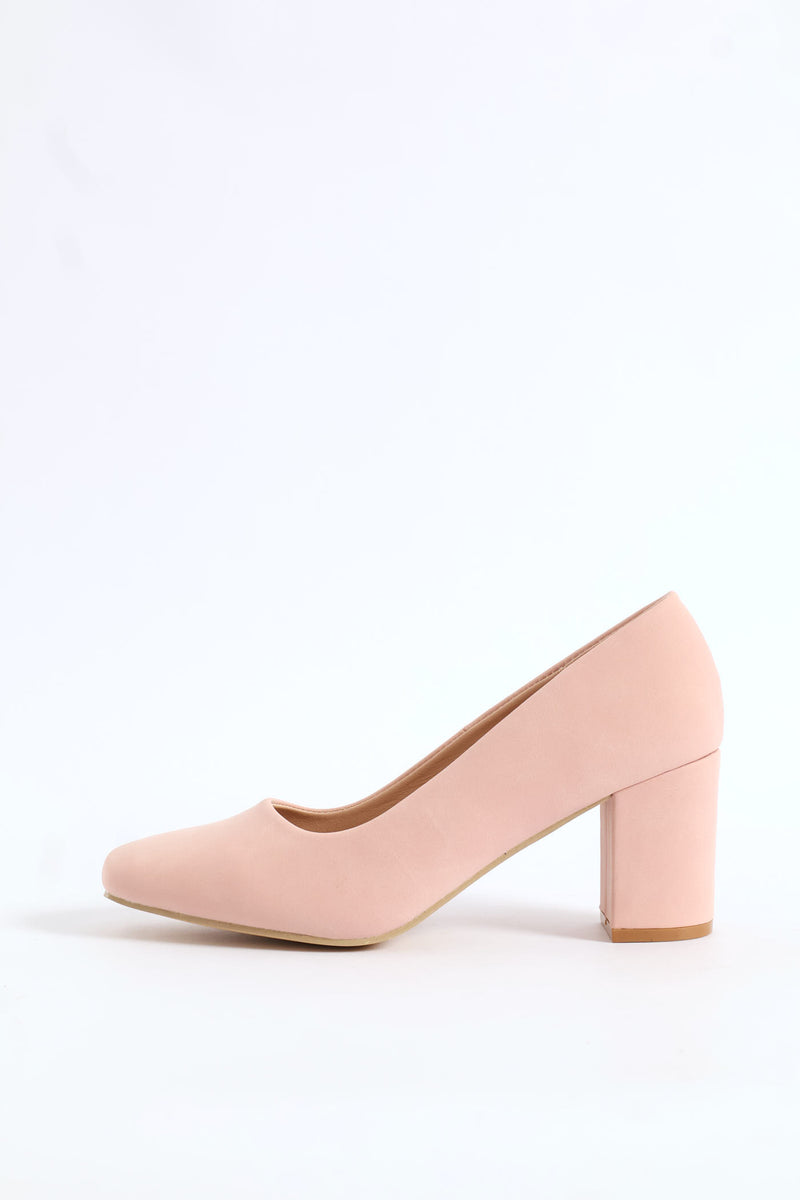 Plain Nubuck Square Toe Block Court Heel - Blush