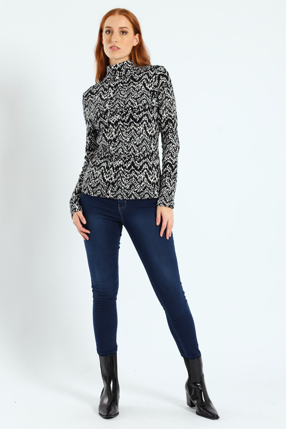 Long Sleeve Print Rib Poloneck - Black/White