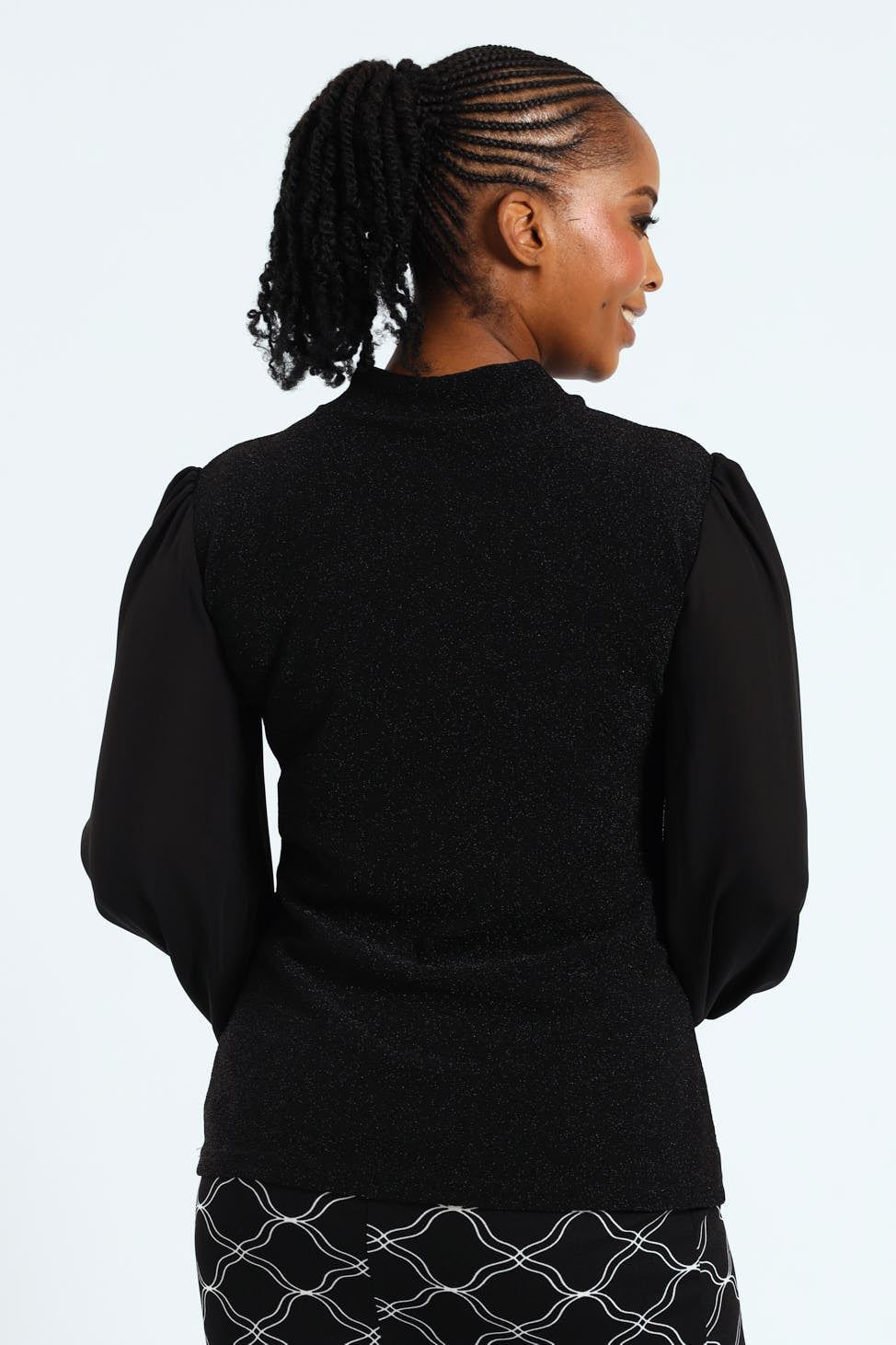 Twist Neck Keyhole Shimmer Combo Blouse - Black