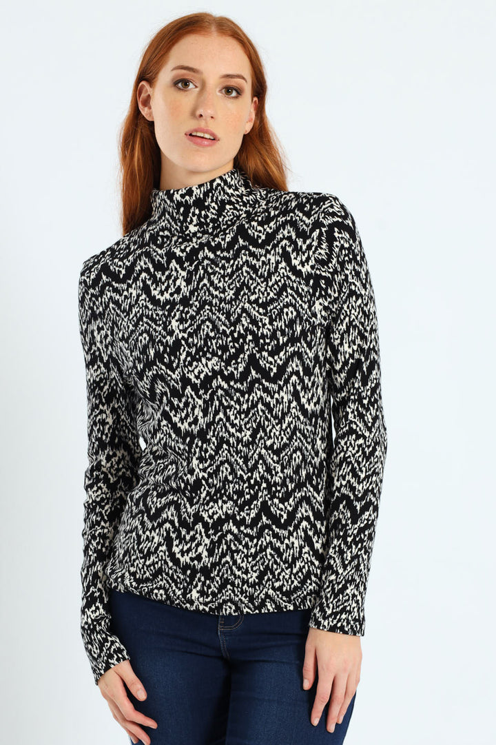 Long Sleeve Print Rib Poloneck - Black/White