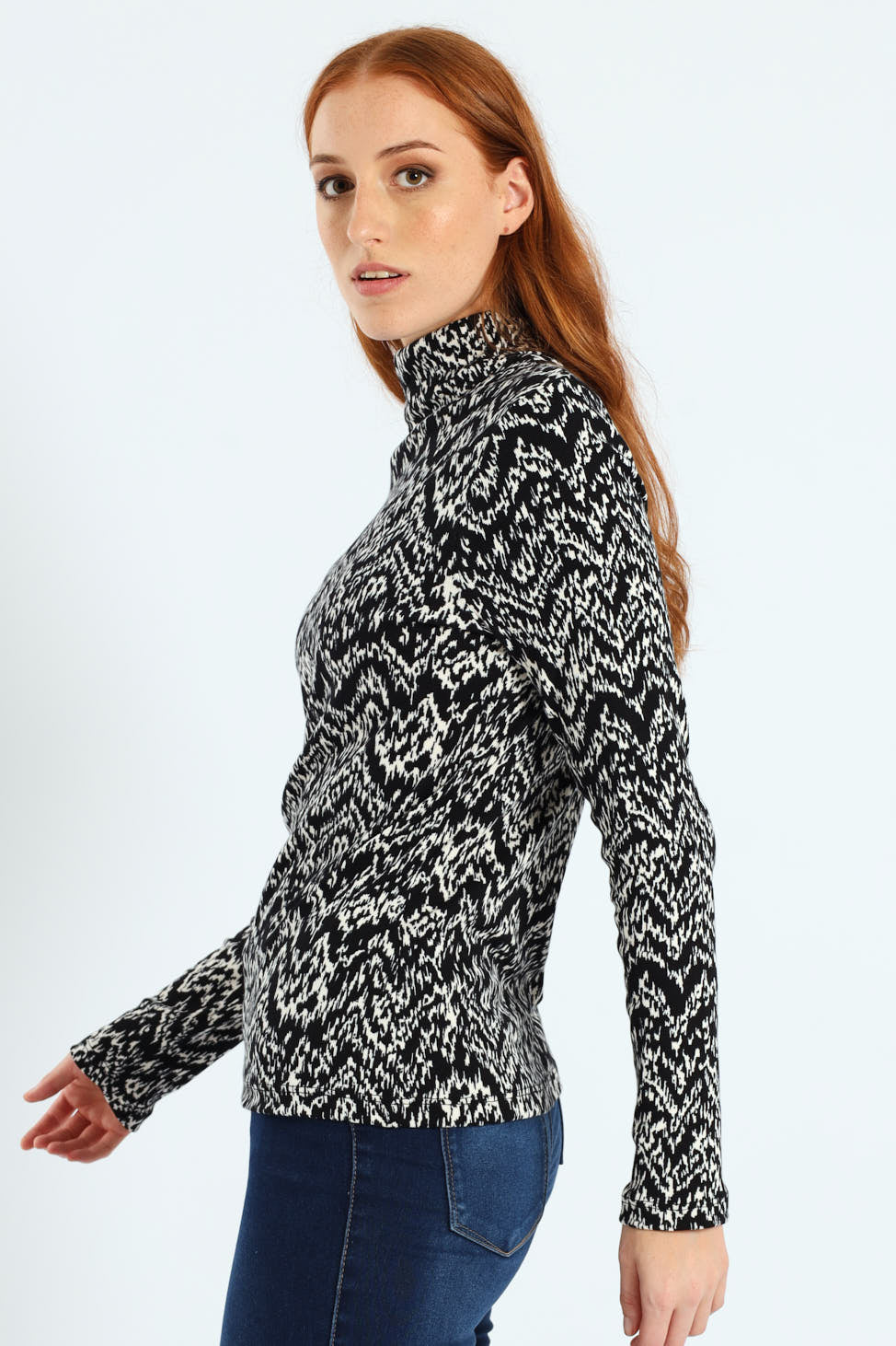 Long Sleeve Print Rib Poloneck - Black/White