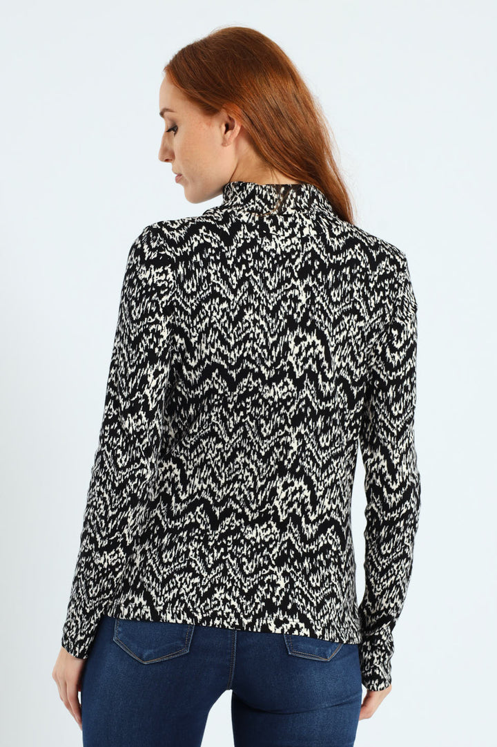 Long Sleeve Print Rib Poloneck - Black/White