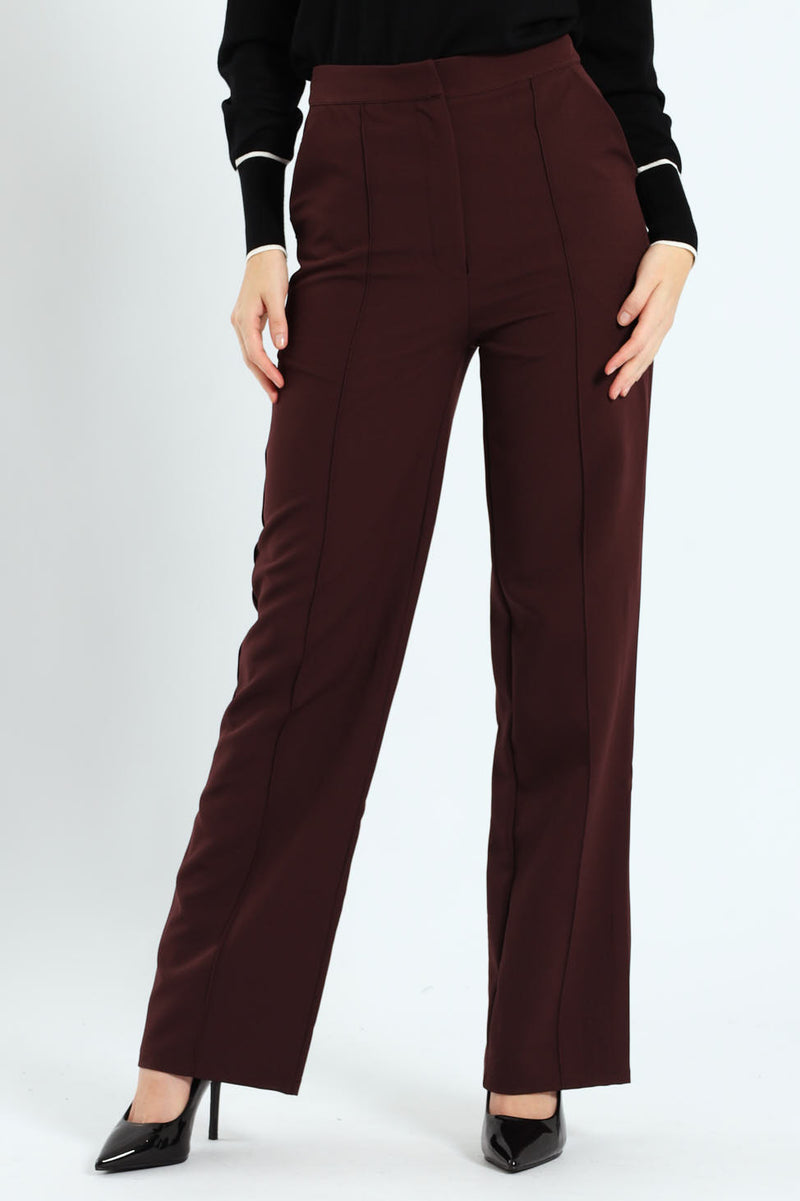 Extended Tab Pin Tuck Straight Leg Pants - Plum