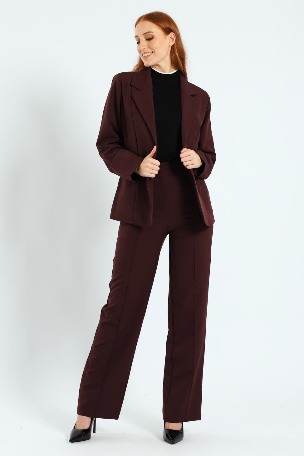 Extended Tab Pin Tuck Straight Leg Pants - Plum