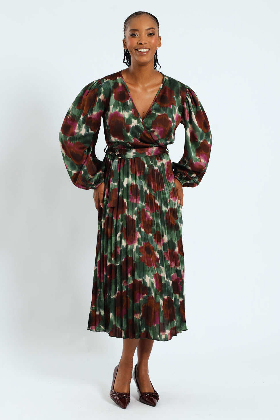 D-Ring Belted Pleated Satin Midi Wrap Dress