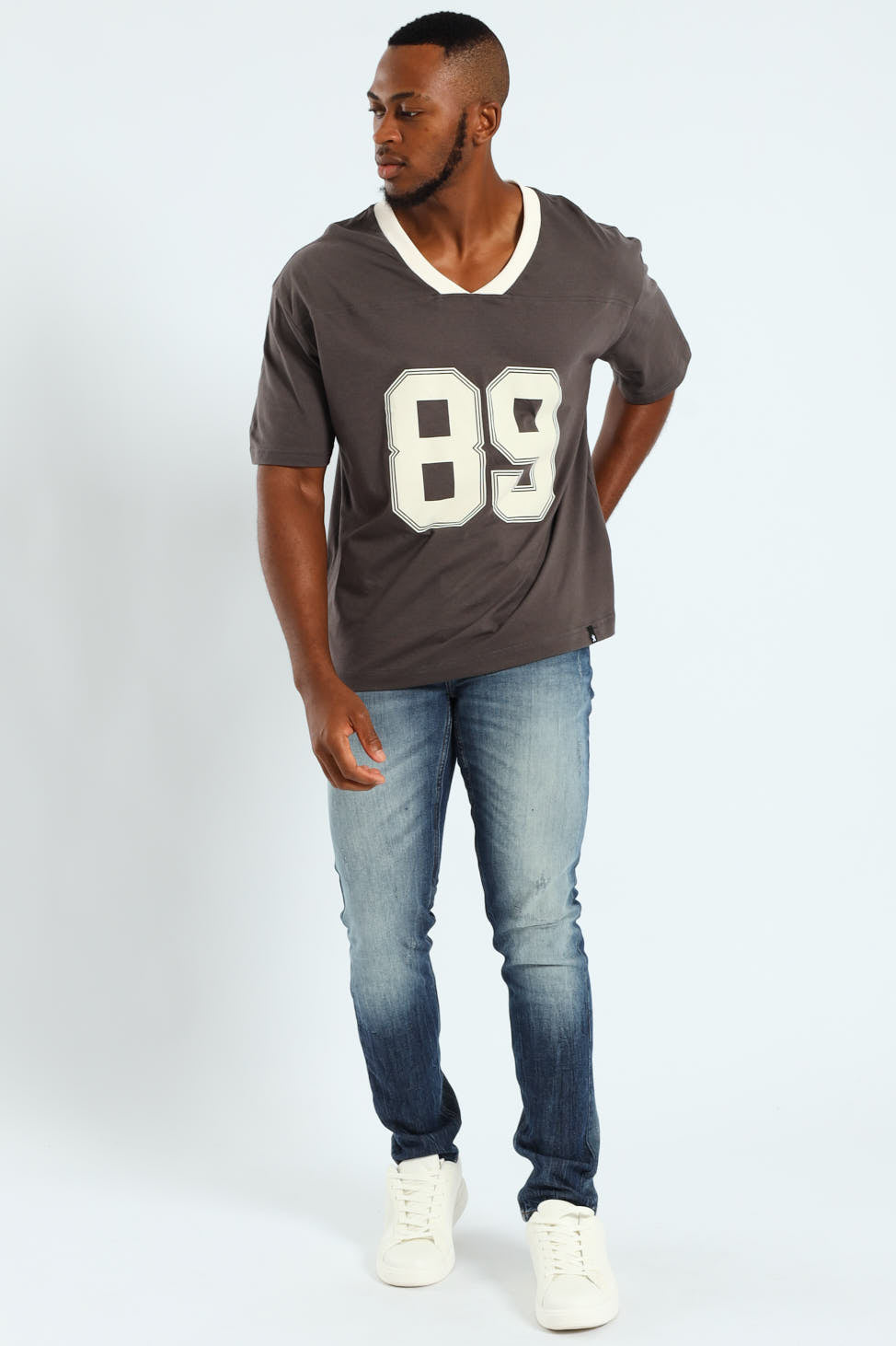 Oversized V-Neck Number Tee - Dark Grey