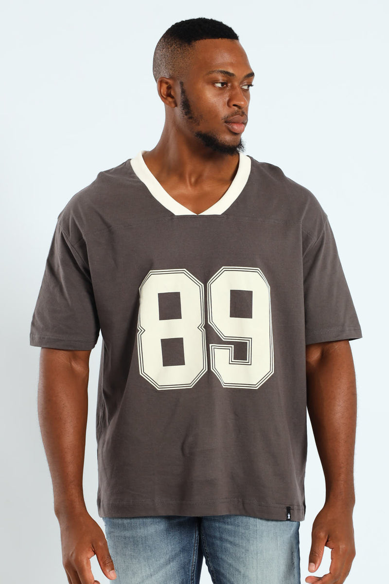 Oversized V-Neck Number Tee - Dark Grey