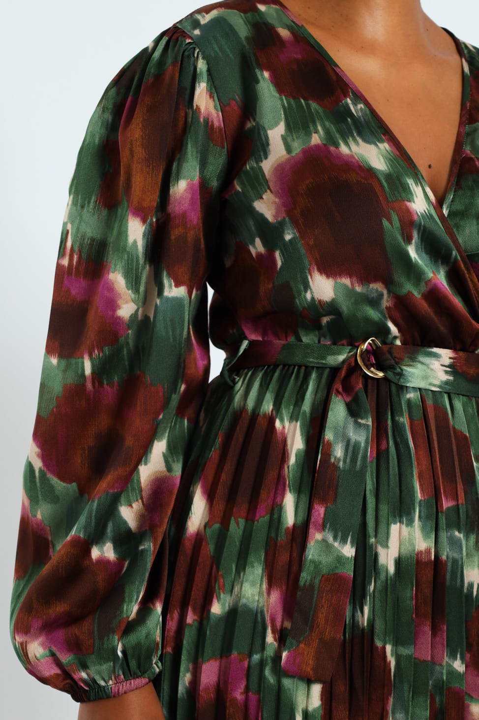 D-Ring Belted Pleated Satin Midi Wrap Dress