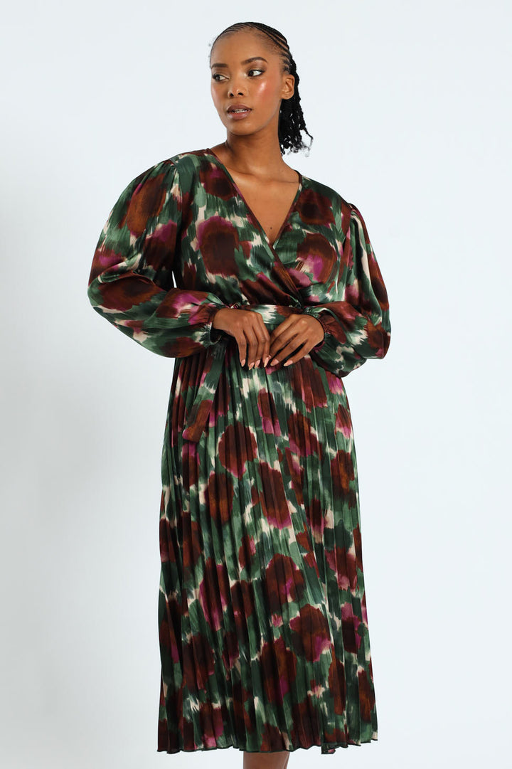 D-Ring Belted Pleated Satin Midi Wrap Dress