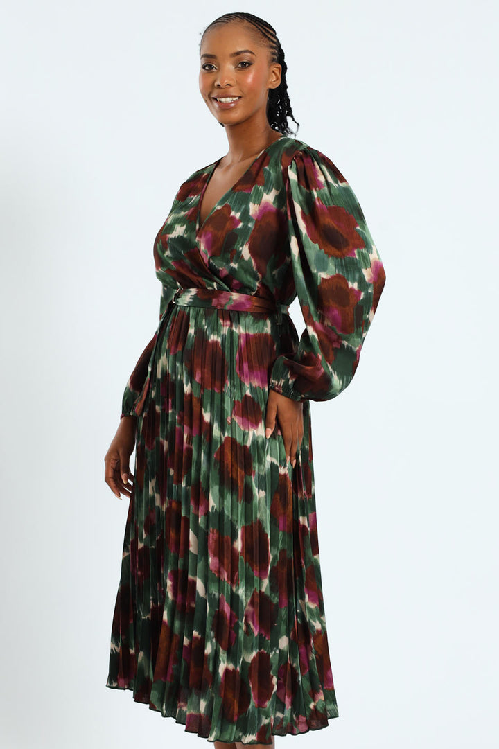 D-Ring Belted Pleated Satin Midi Wrap Dress