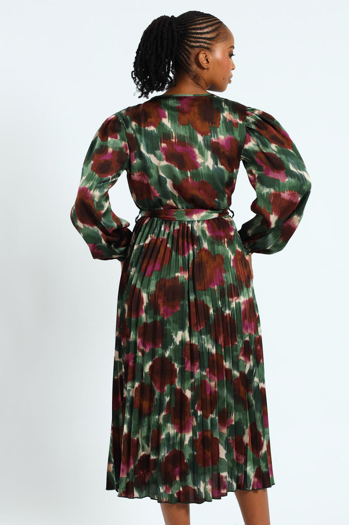 D-Ring Belted Pleated Satin Midi Wrap Dress