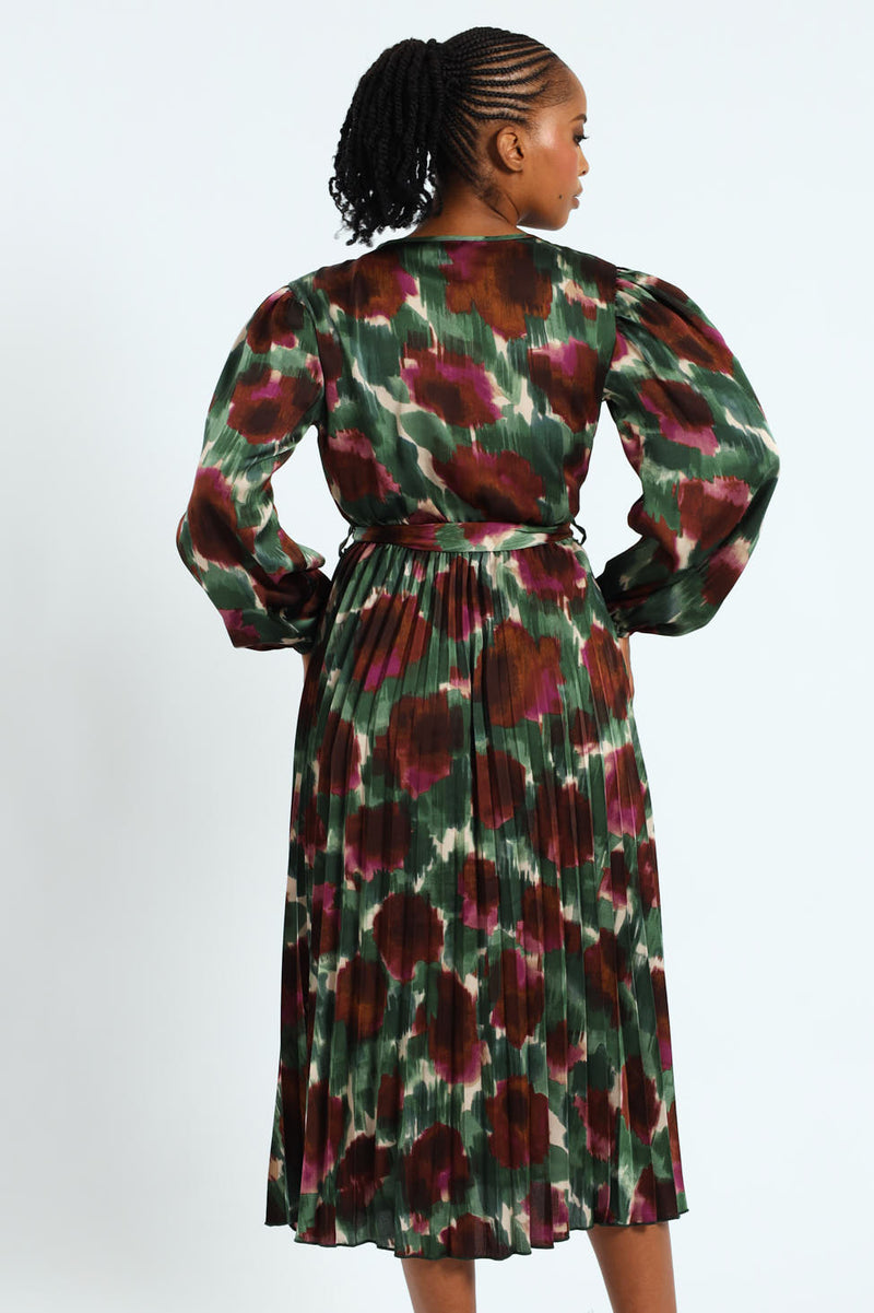 D-Ring Belted Pleated Satin Midi Wrap Dress