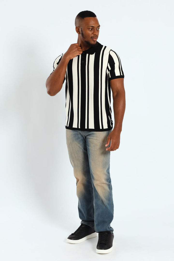 Striped Textured Knit Golfer - Ecru