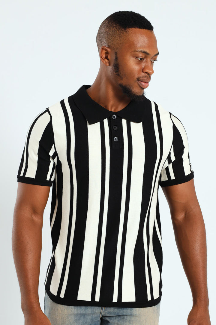 Striped Textured Knit Golfer - Ecru