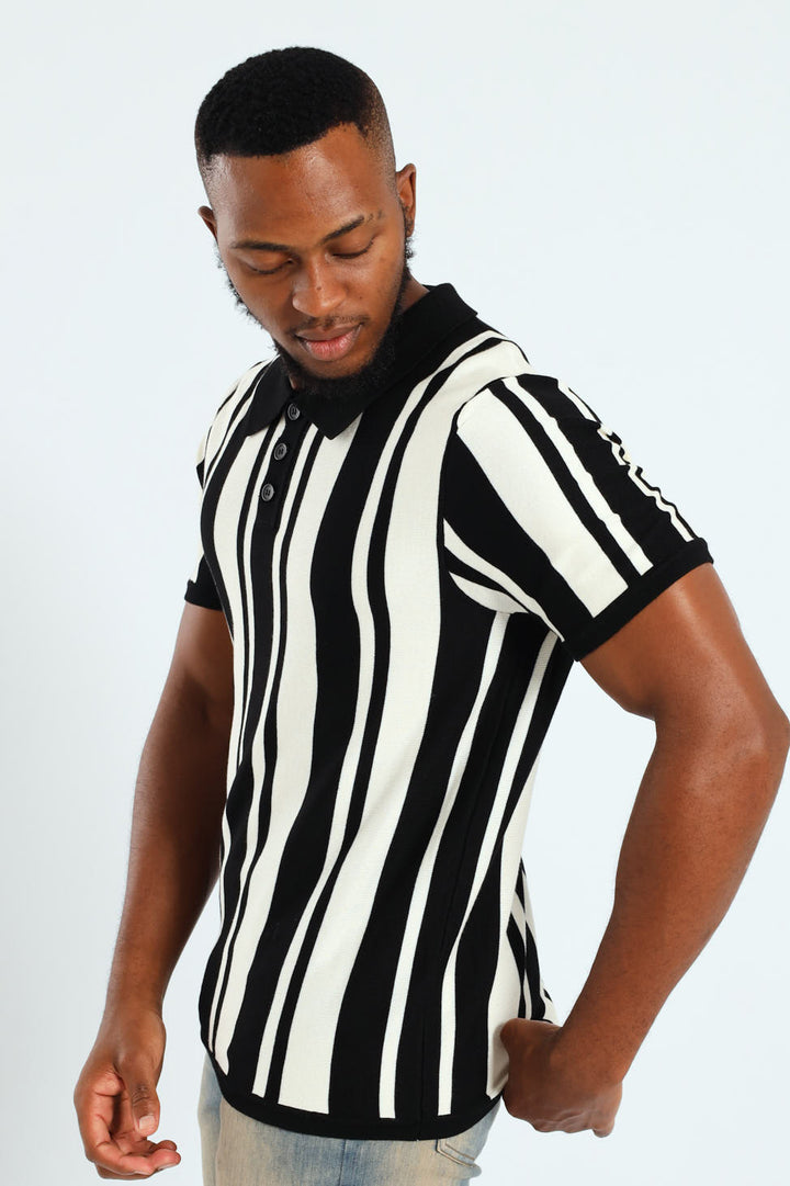 Striped Textured Knit Golfer - Ecru