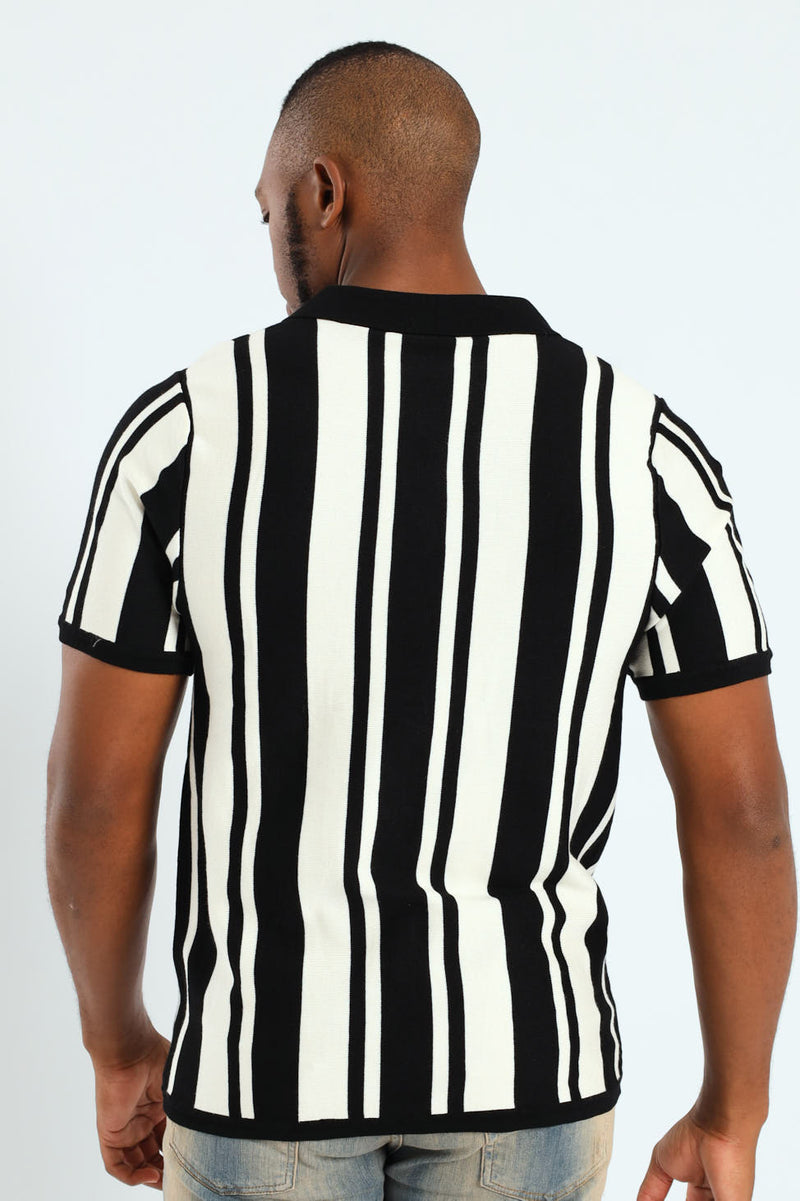 Striped Textured Knit Golfer - Ecru