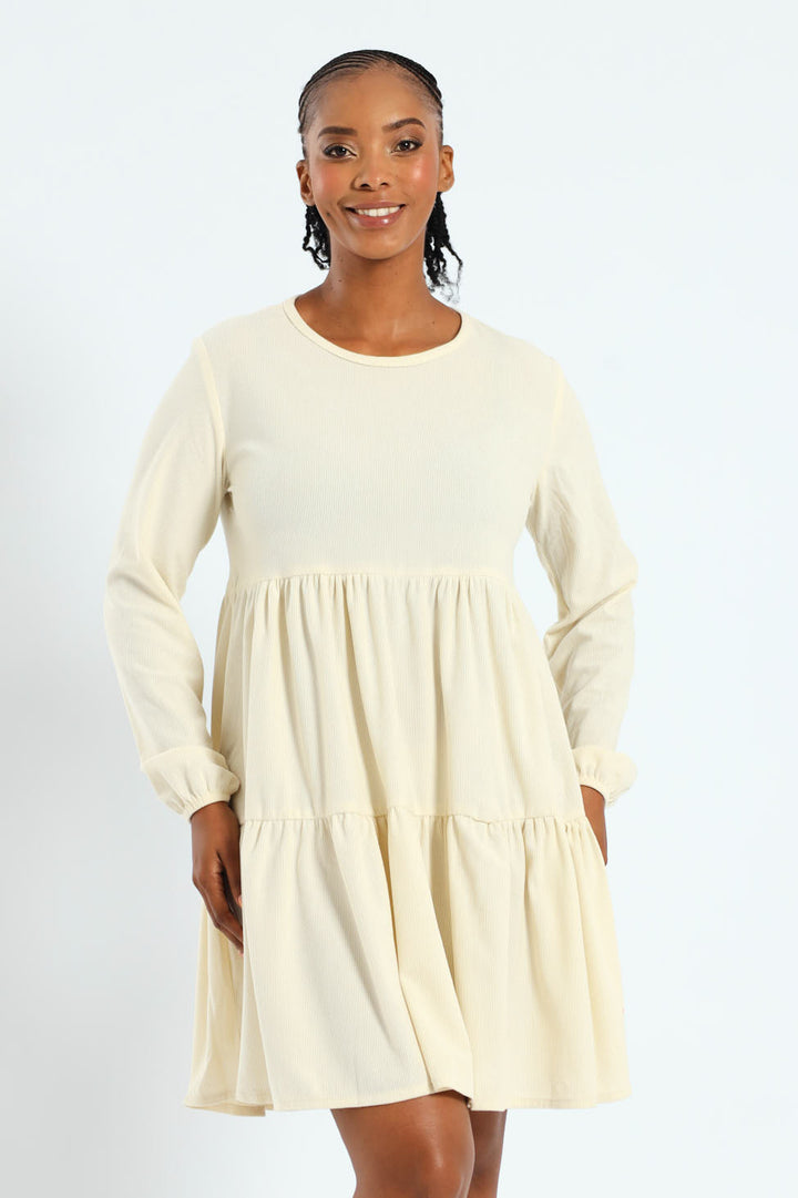 Puff Sleeve Corduroy Tiered Mini Dress