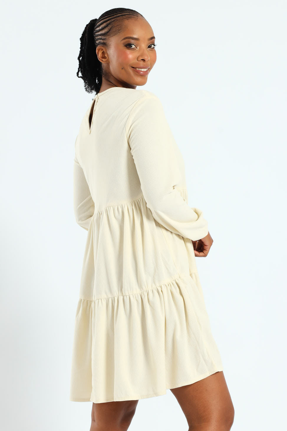 Puff Sleeve Corduroy Tiered Mini Dress