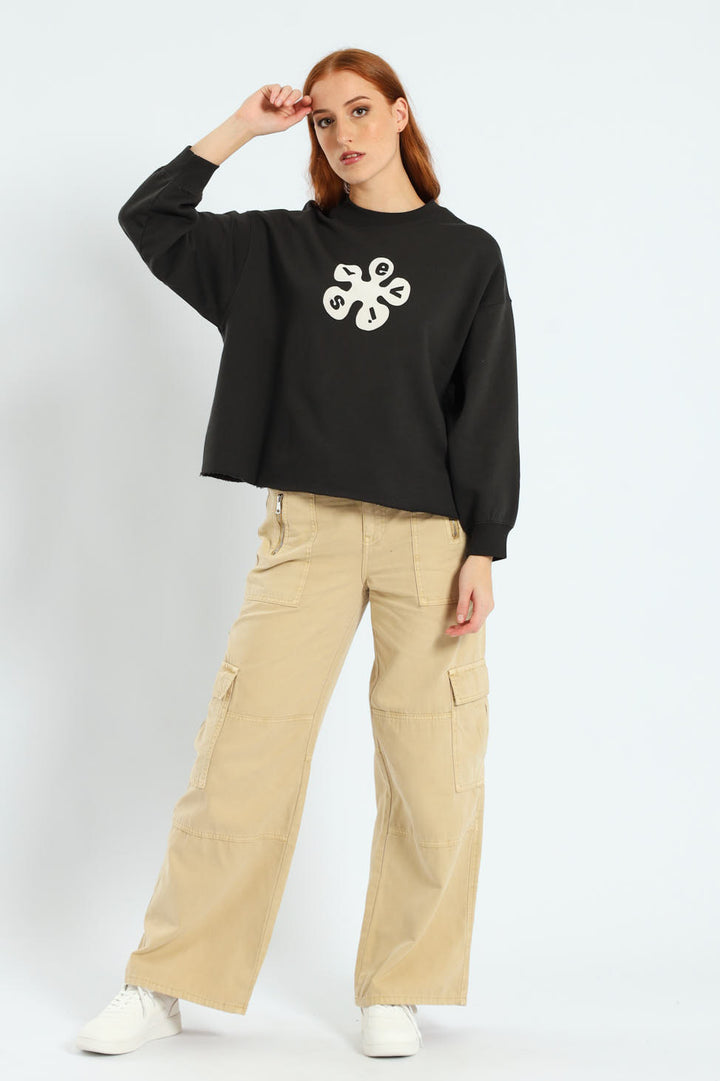 GR Leo Raw Cut Crewneck Top - Black